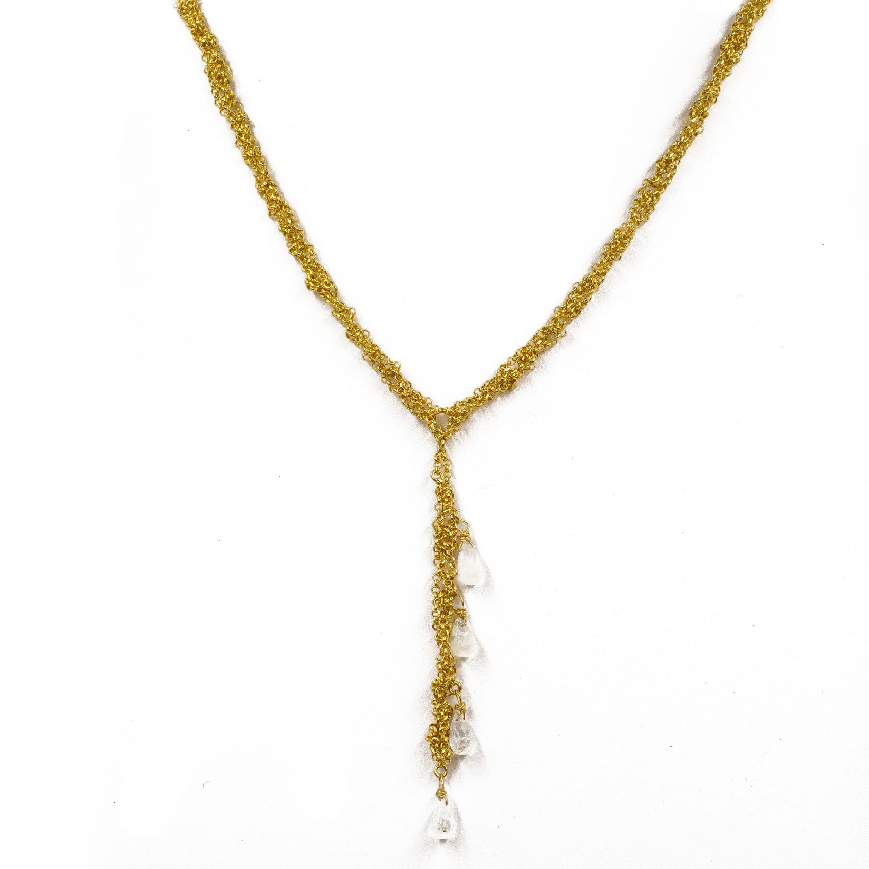 Gold Knitted Chain Moonstone Drops Necklace