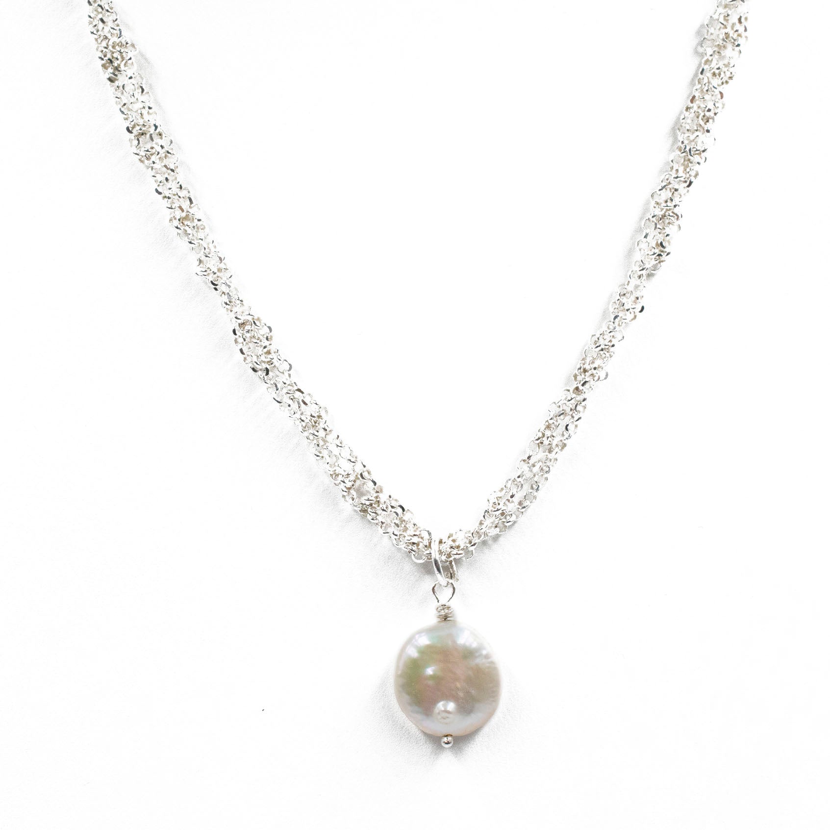 Silver Knitted Chain Pearl Necklace